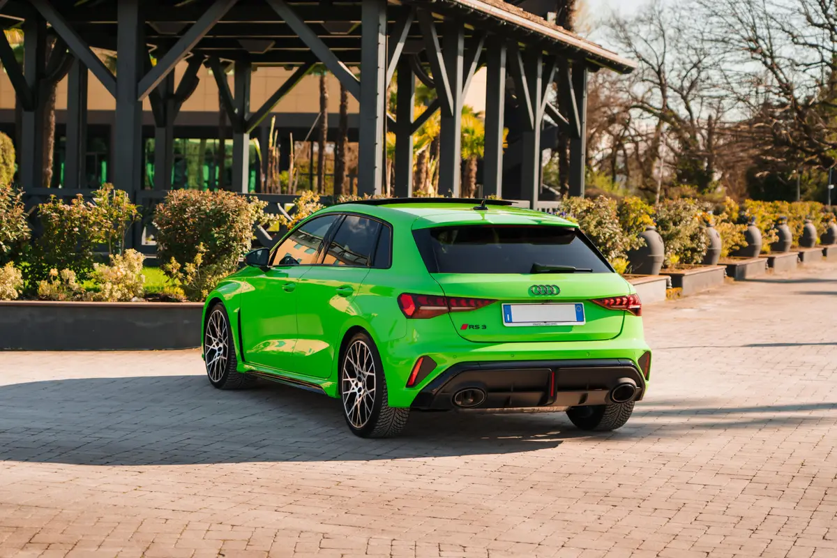 Audi RS3 Restyling 2025, exterior — Zurich Luxury Car Rental, Zurich. Audi RS3 Restyling in Zurich The Audi RS3 Restyling 2025 is available for rental in…