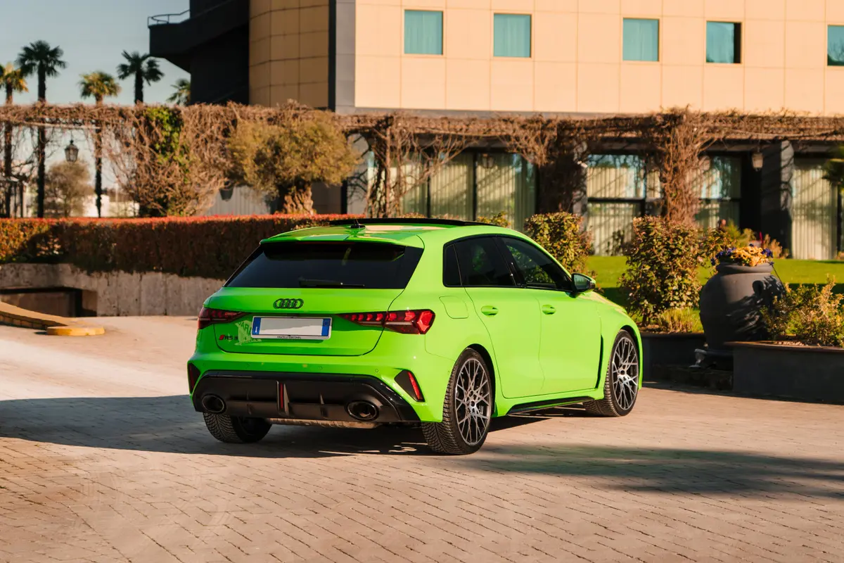 Audi RS3 Restyling 2025, rear view — Zurich Luxury Car Rental, Zurich. Audi RS3 Restyling in Zurich The Audi RS3 Restyling 2025 is available for rental in…