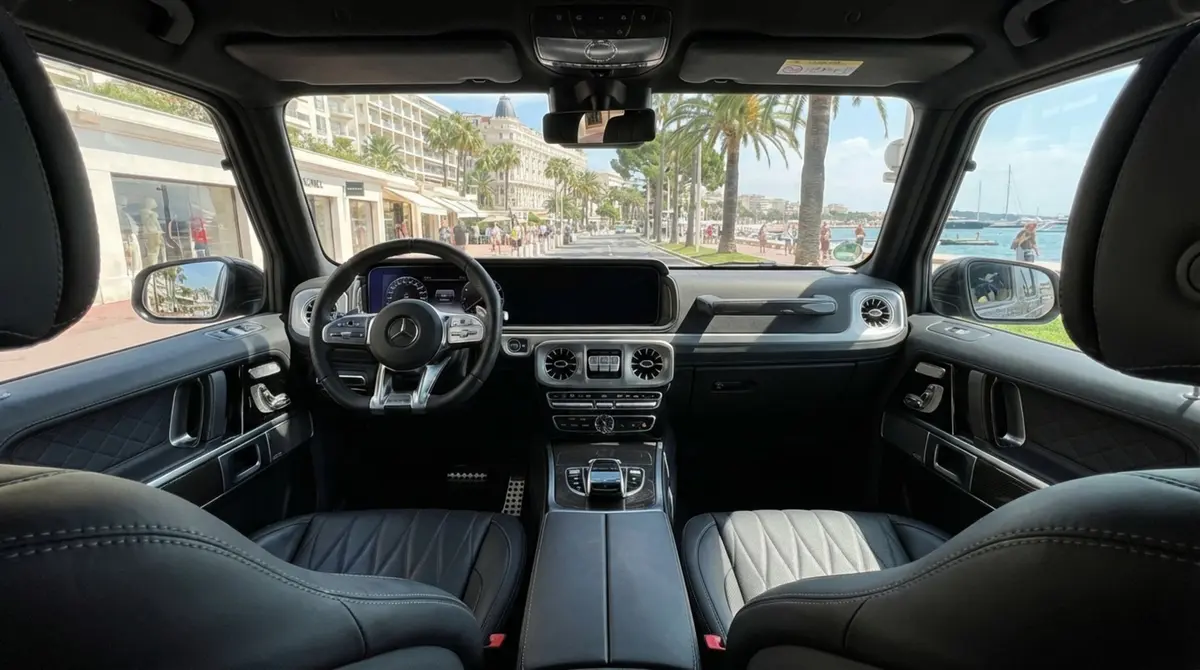 Mercedes Benz G63 2023, interior — Zurich Luxury Car Rental, Zurich. Mercedes Benz G63 in Zurich The Mercedes Benz G63 2023 is available to rent in Zurich as…